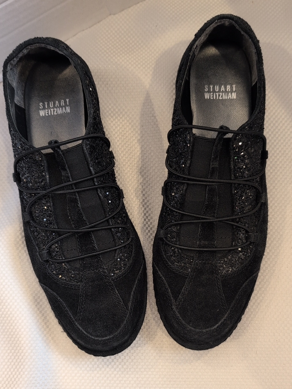 Stuart Weitzman Black Glitter and Suede Athletic Inspired Oxfords